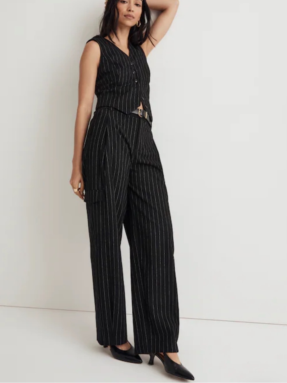 New! Madewell Cargo Pants in Pinstripe Almost Black Wool Blend Women’s Size 2